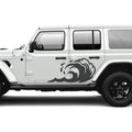 Black tidal wave panel vinyl graphic kit installed on the rear door of a white Jeep Wrangler JLU four door