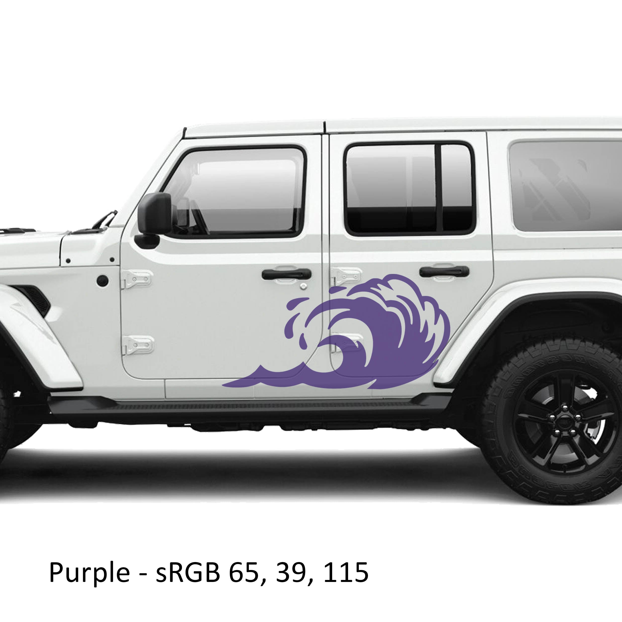 Purple tidal wave panel vinyl graphic kit installed on the rear door of a white Jeep Wrangler JLU four door