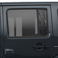 Black tiger print pattern side window decal pair shown on dark Jeep Wrangler JKU rear door window