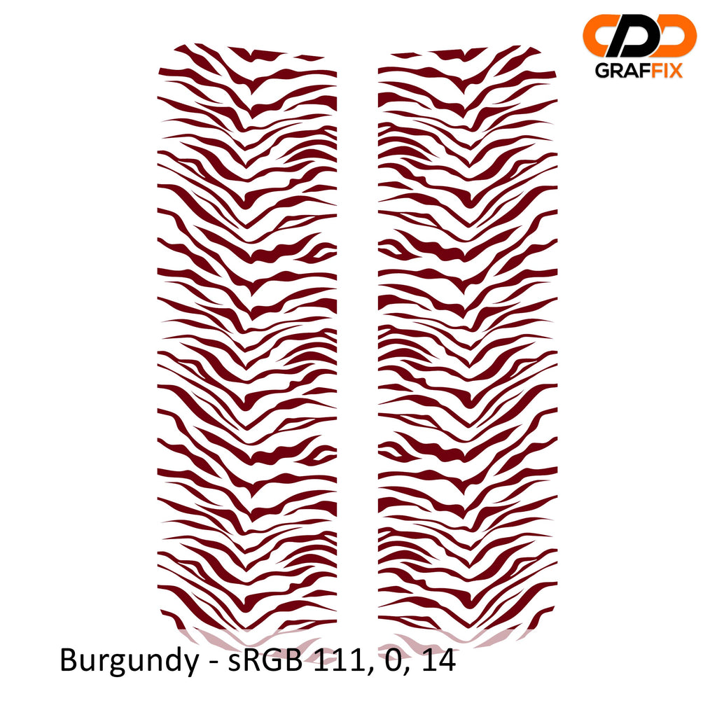 Burgundy tiger print pattern side window vinyl decal pair close-up product view with sRGB color label