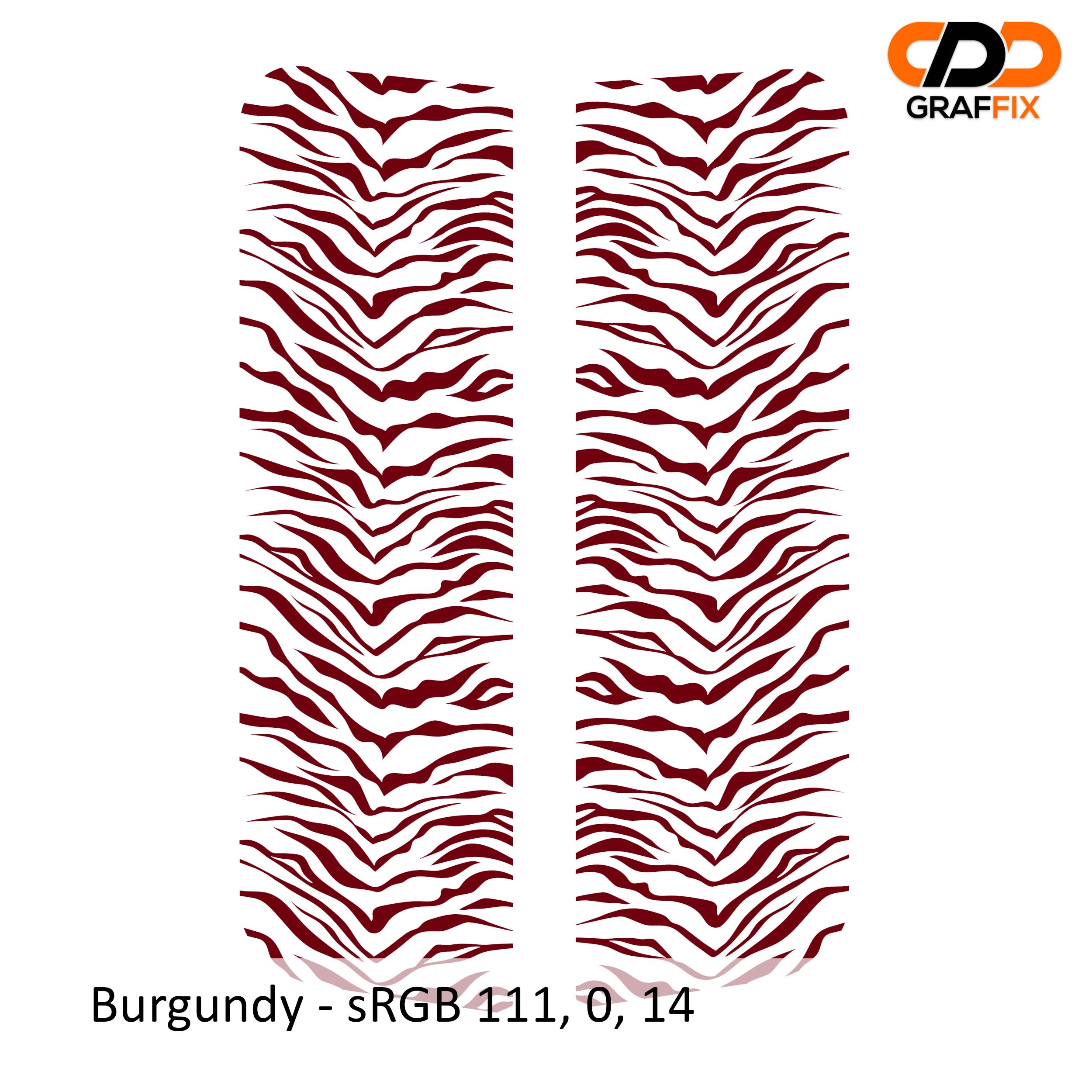Burgundy tiger print pattern side window vinyl decal pair close-up product view with sRGB color label