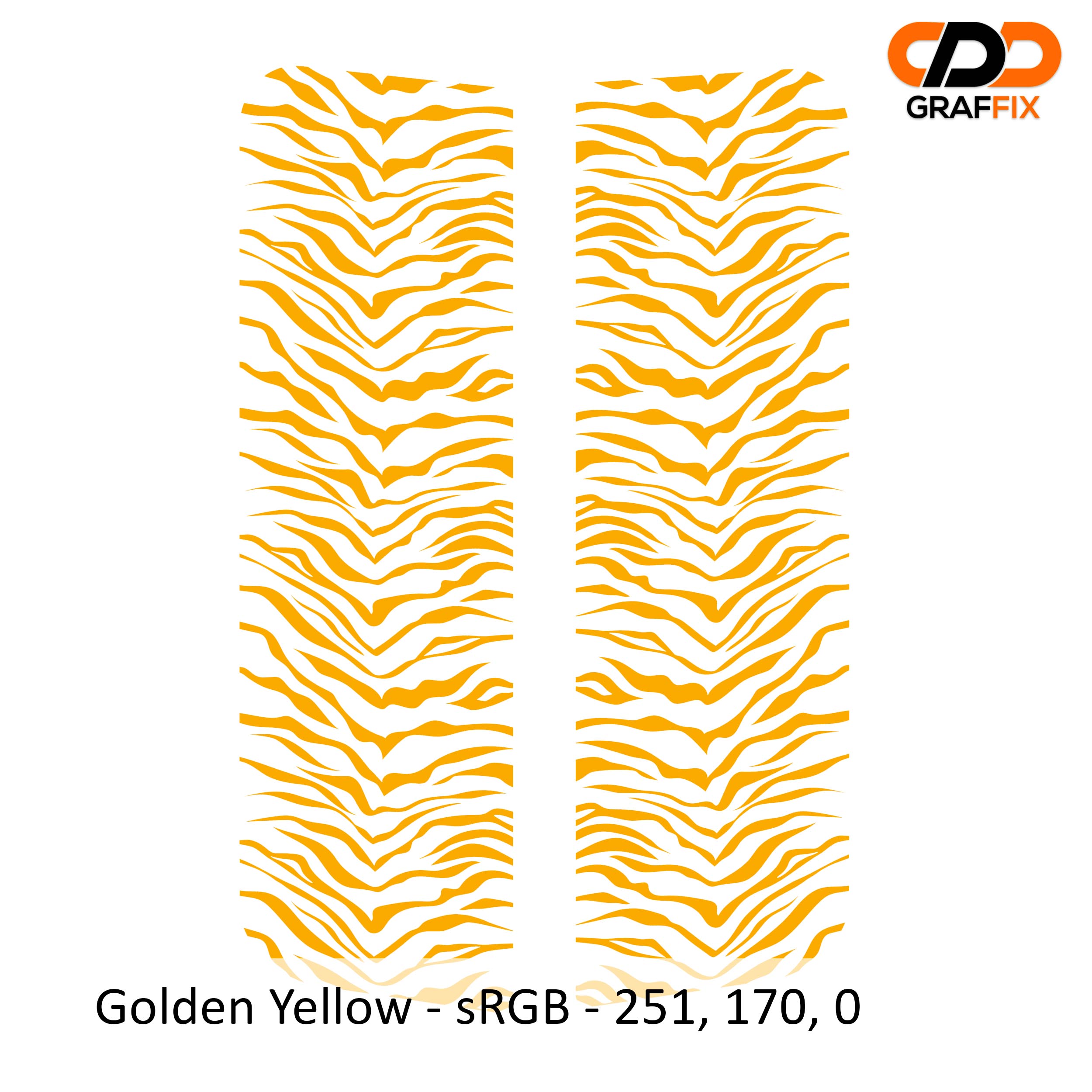 Golden yellow tiger print pattern side window vinyl decal pair close-up product view on white background