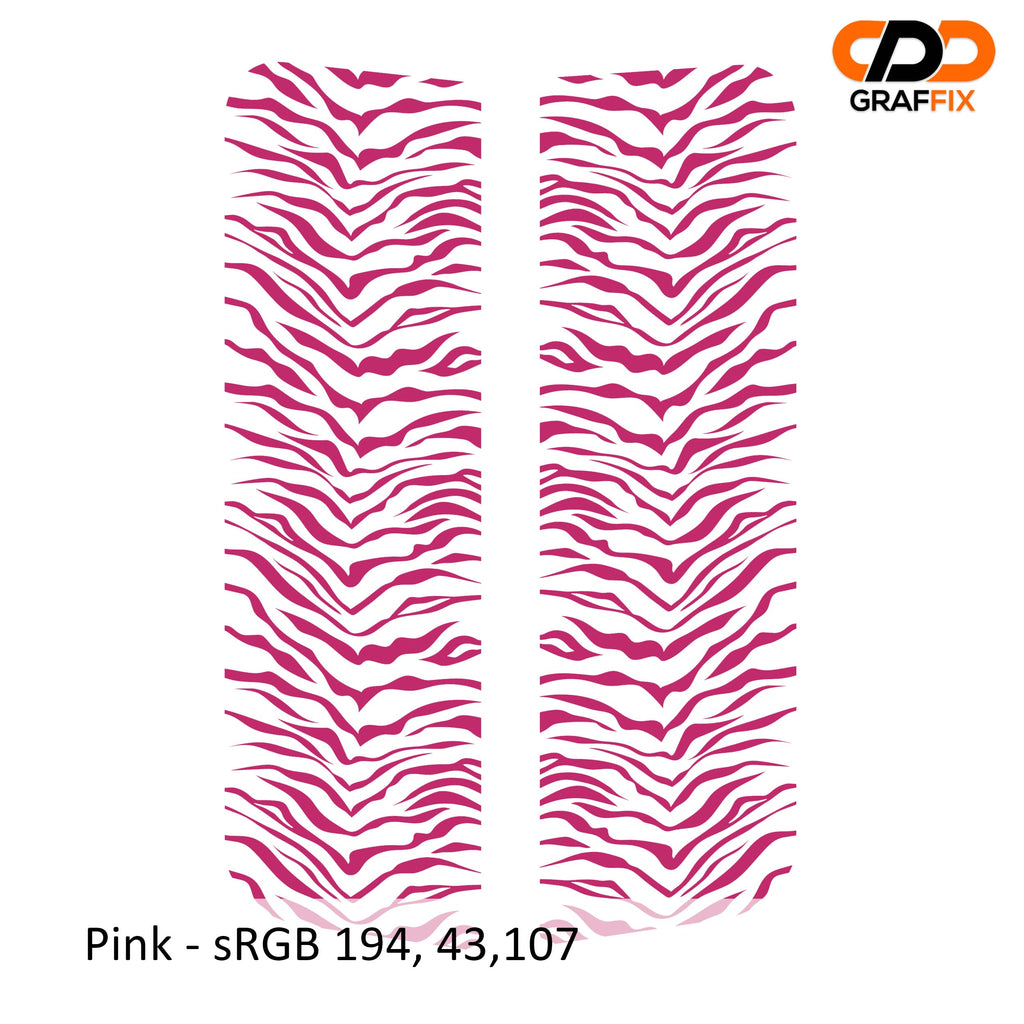 Pink tiger print pattern side window vinyl decal pair close-up product view on white background
