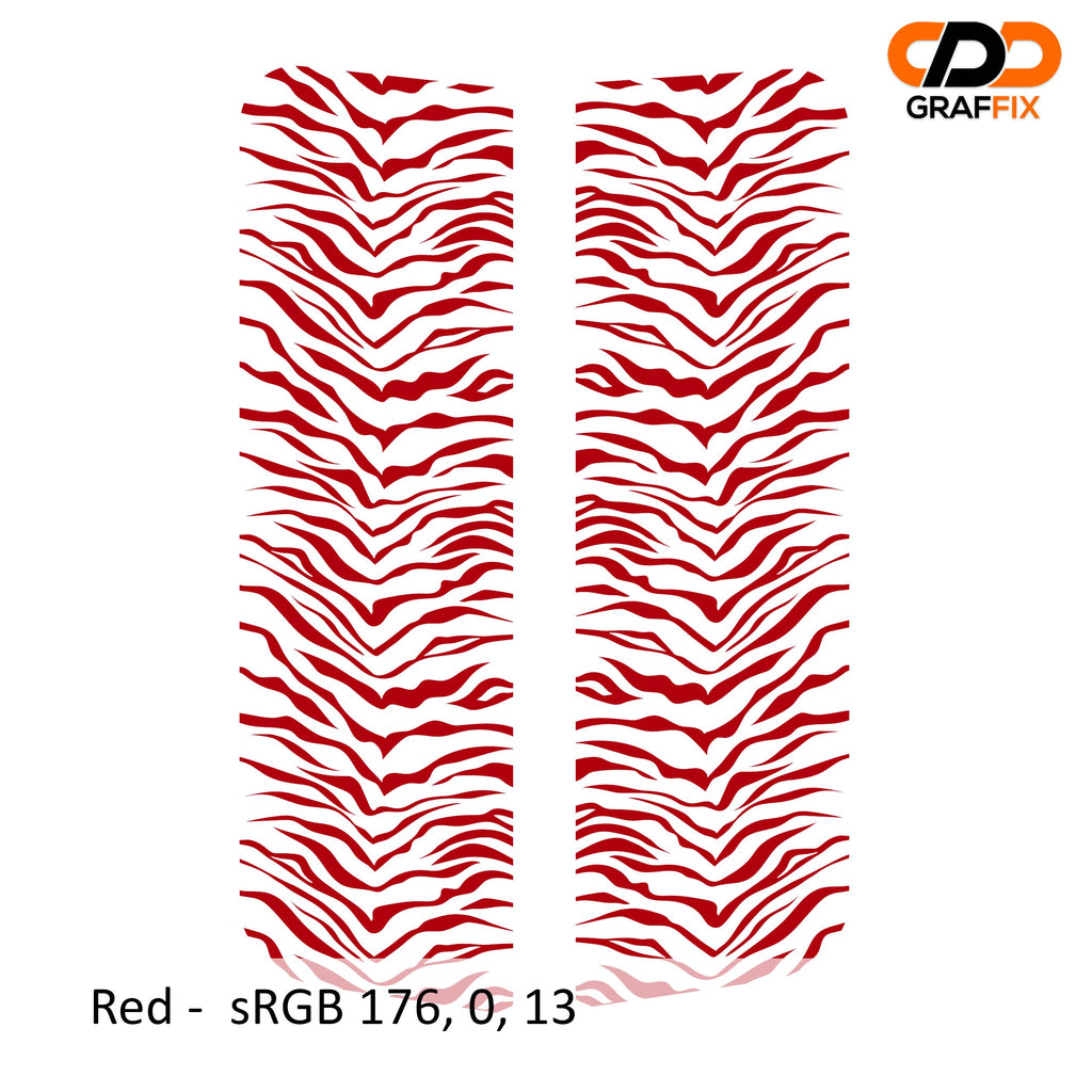 Red tiger print pattern side window vinyl decal pair close-up product view on white background