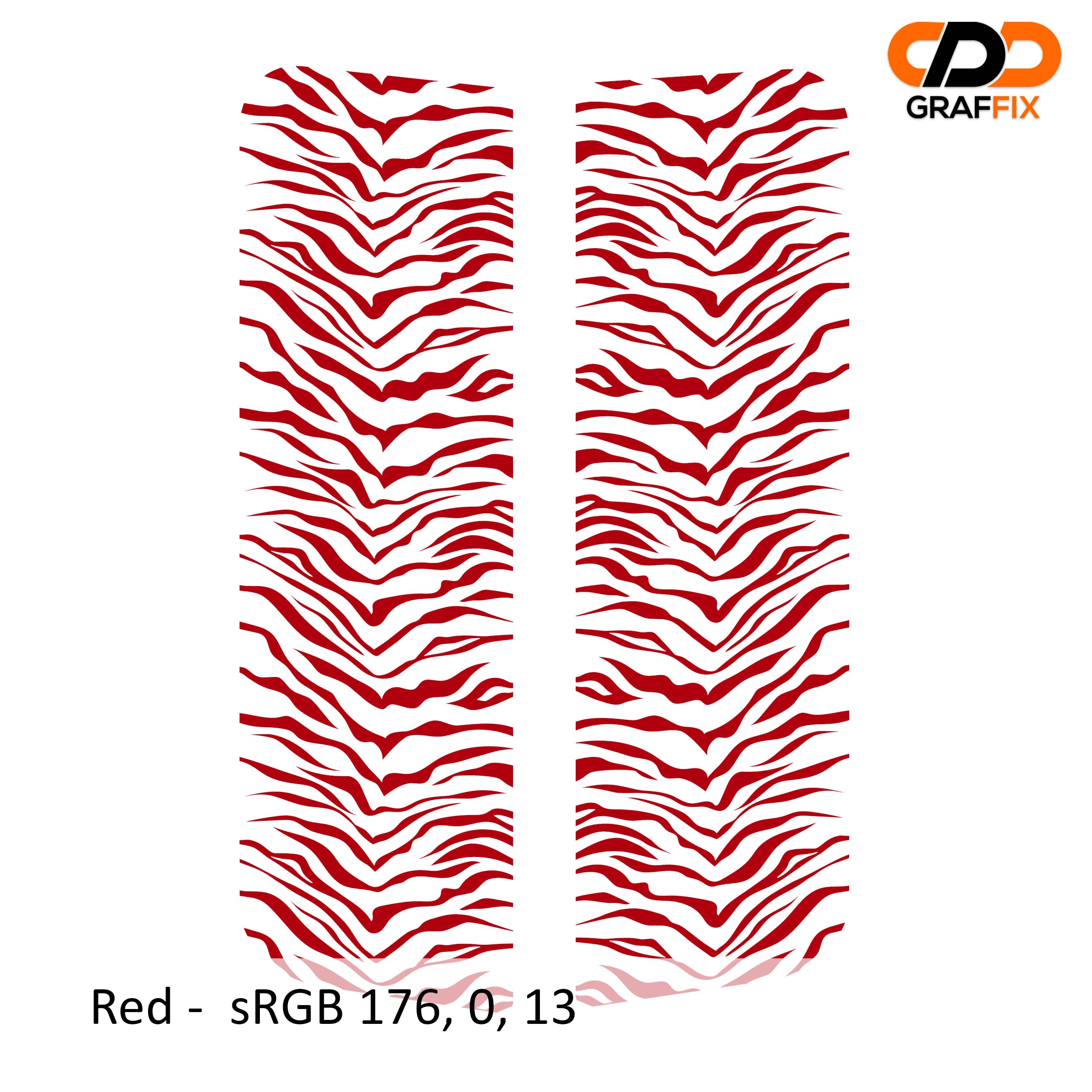 Red tiger print pattern side window vinyl decal pair close-up product view on white background