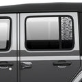 Black tiger print pattern side window decal pair shown on dark Jeep Wrangler JL rear door window