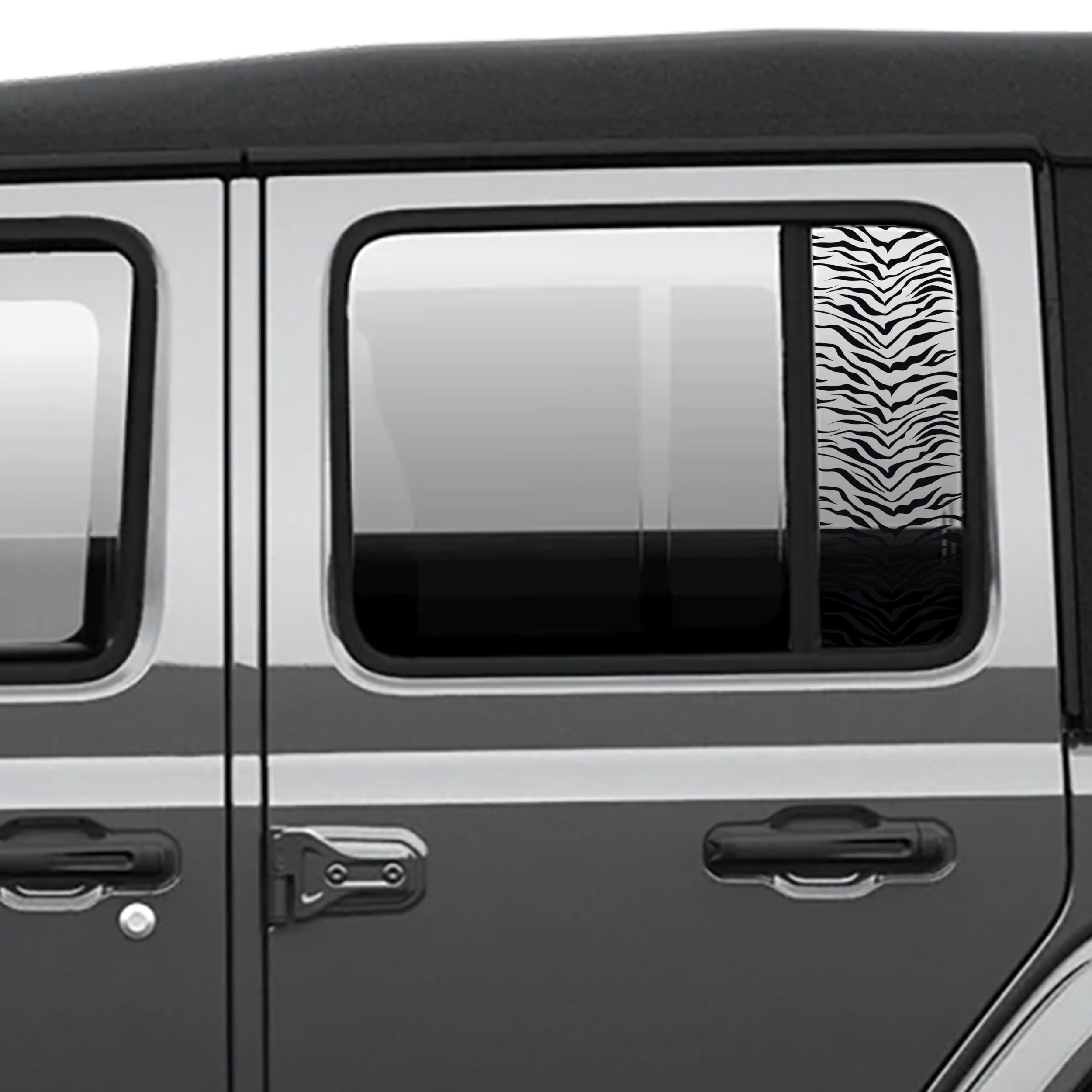 Black tiger print pattern side window decal pair shown on dark Jeep Wrangler JL rear door window