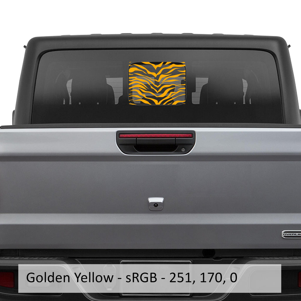 Golden yellow tiger print flag rear sliding window vinyl decal close-up product view on white