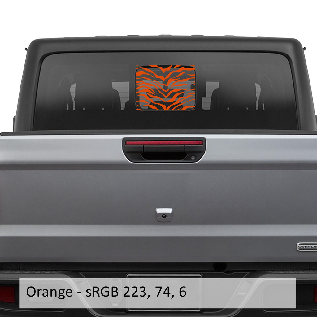 Orange tiger print flag rear sliding window decal on silver Jeep Gladiator JT tailgate rear view