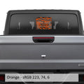 Orange tiger print flag rear sliding window decal on silver Jeep Gladiator JT tailgate rear view