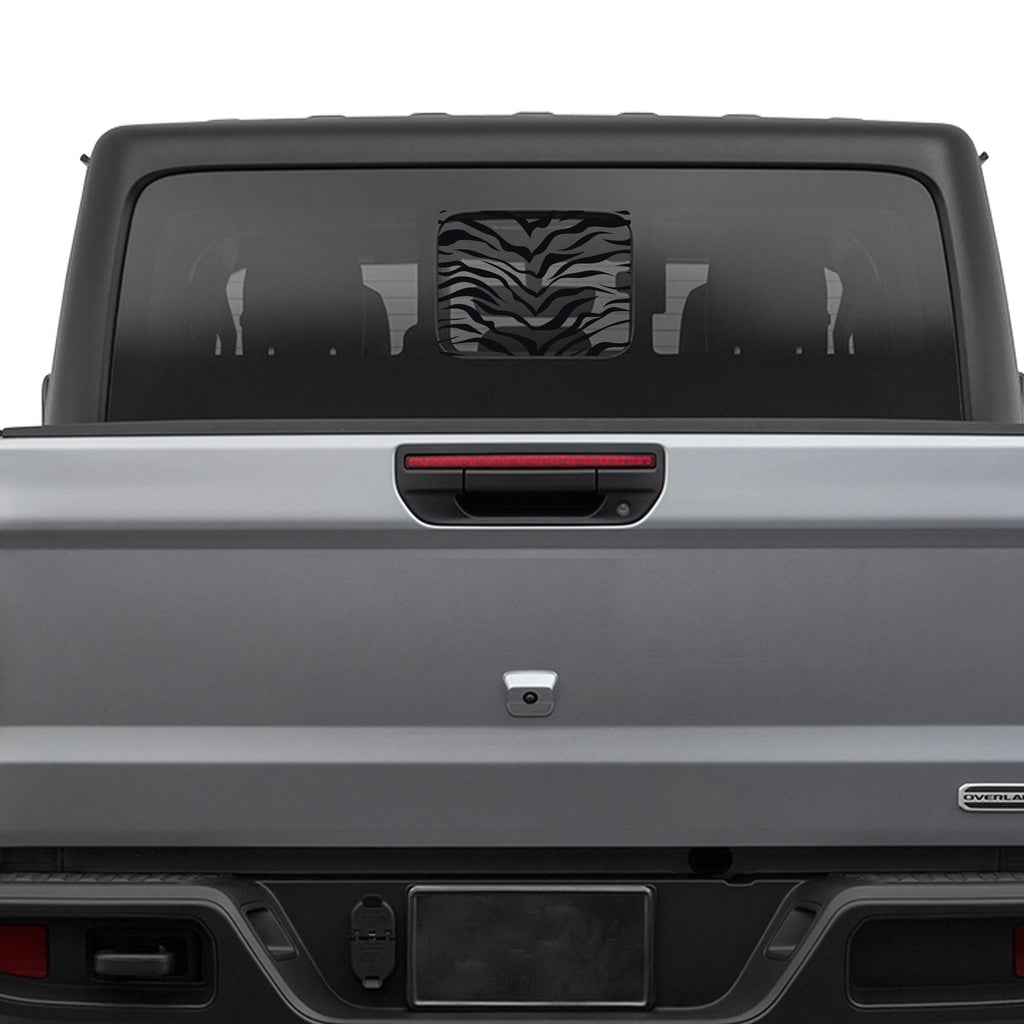 Black tiger print flag rear sliding window decal on silver Jeep Gladiator JT tailgate rear view