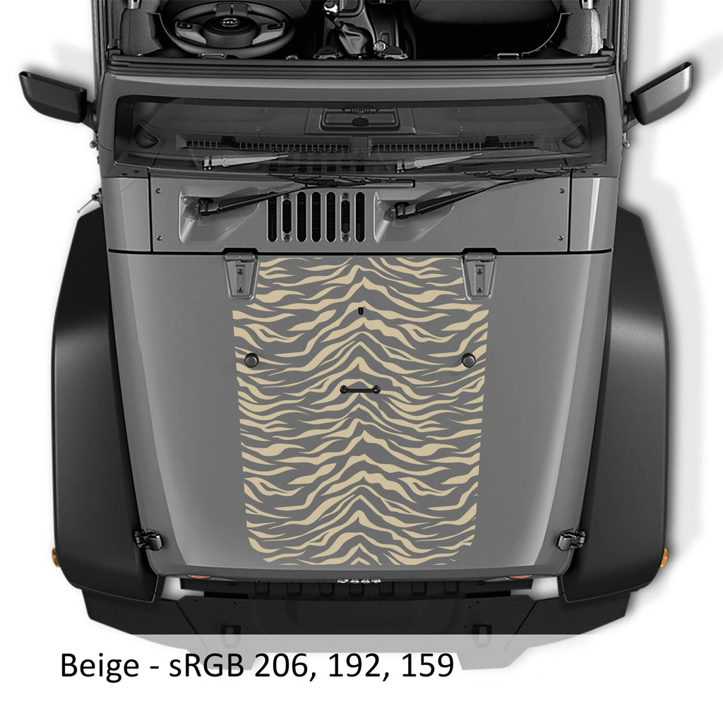 Beige tiger print blackout hood decal applied to silver Jeep Wrangler JK/JKU 2007-2017 hood