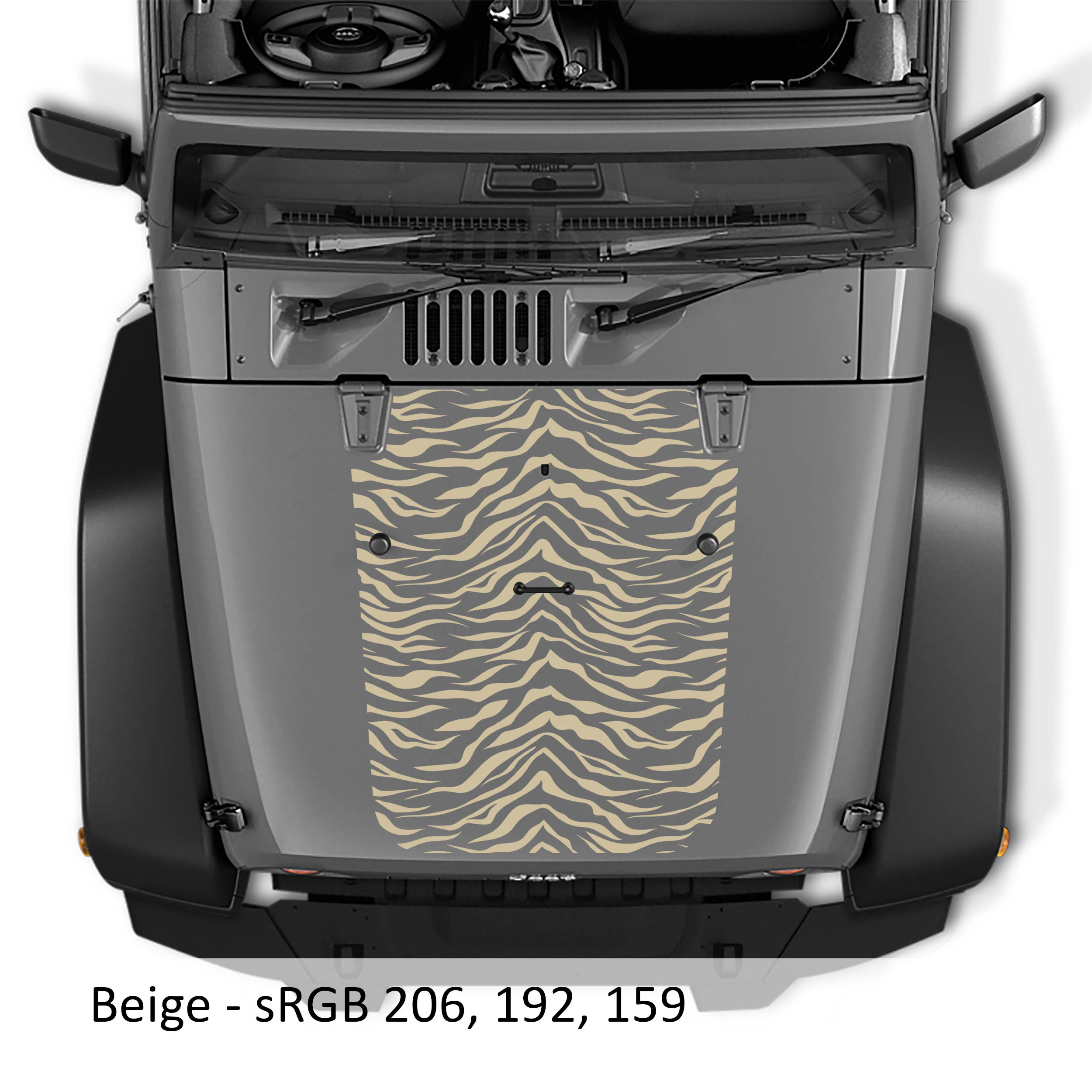 Beige tiger print blackout hood decal applied to silver Jeep Wrangler JK/JKU 2007-2017 hood