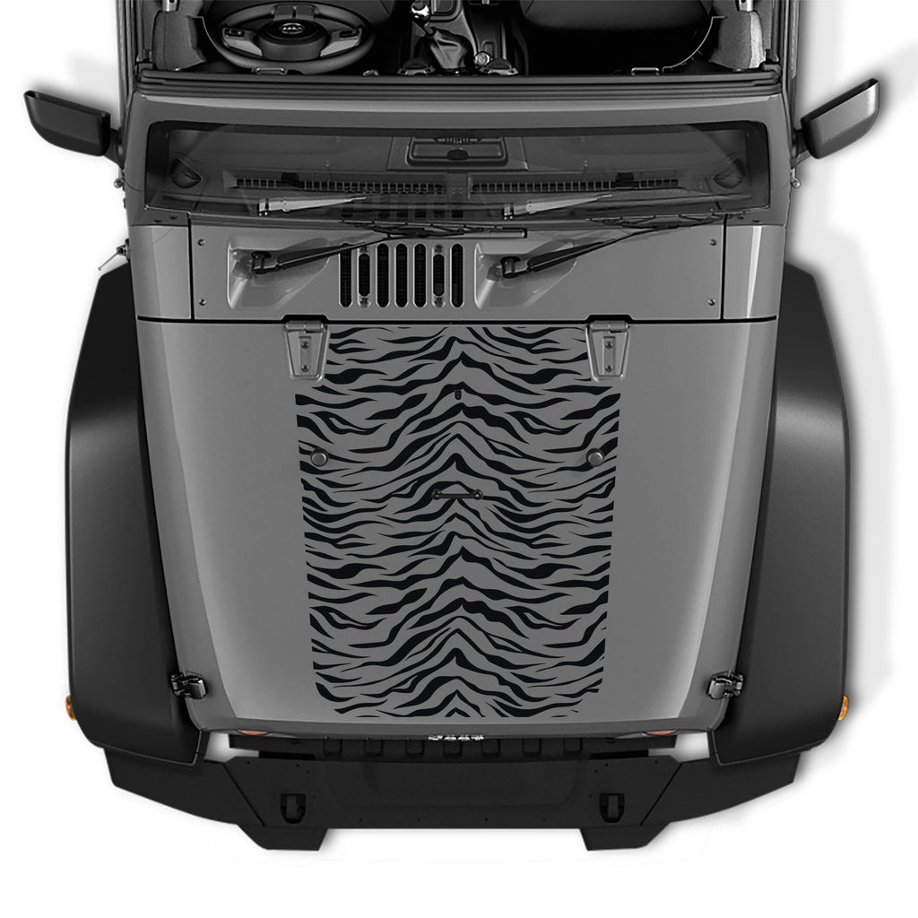 Black tiger print blackout hood decal on silver Jeep Wrangler JK/JKU 2007-2017 striped graphic
