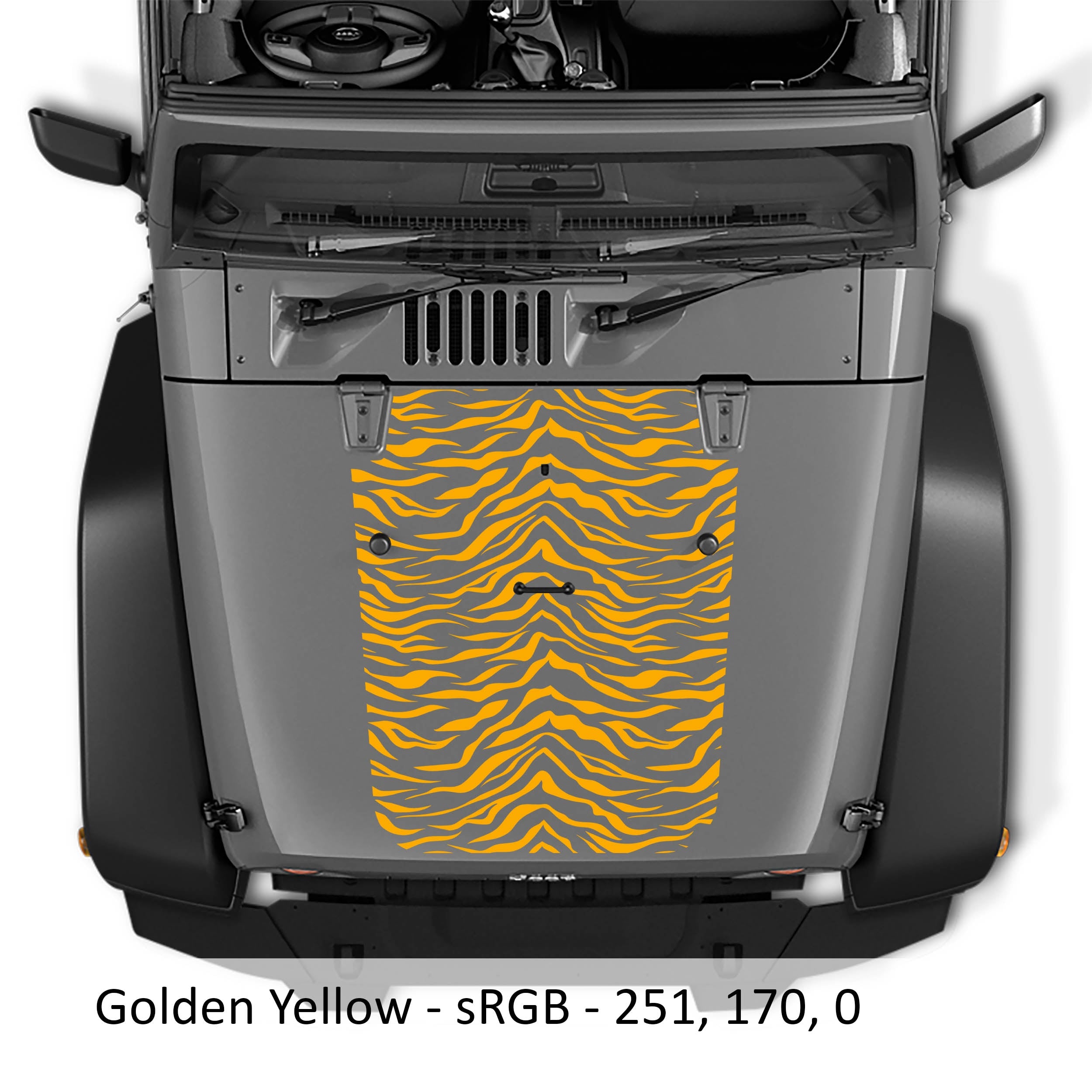 Gold yellow tiger print blackout hood decal on silver Jeep Wrangler JK/JKU 2007-2017 hood
