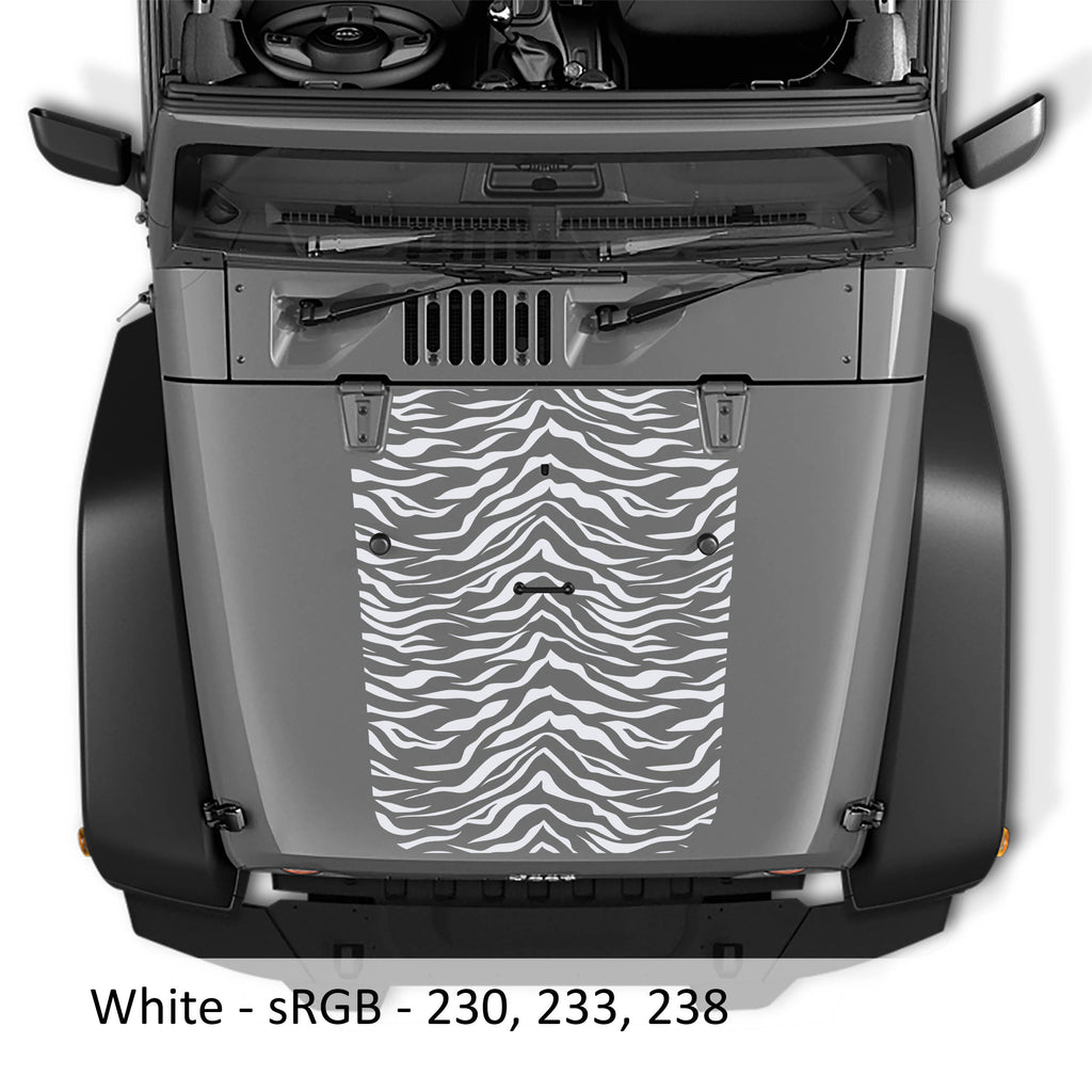 White tiger print blackout hood decal mounted on silver Jeep Wrangler JK/JKU 2007-2017 hood