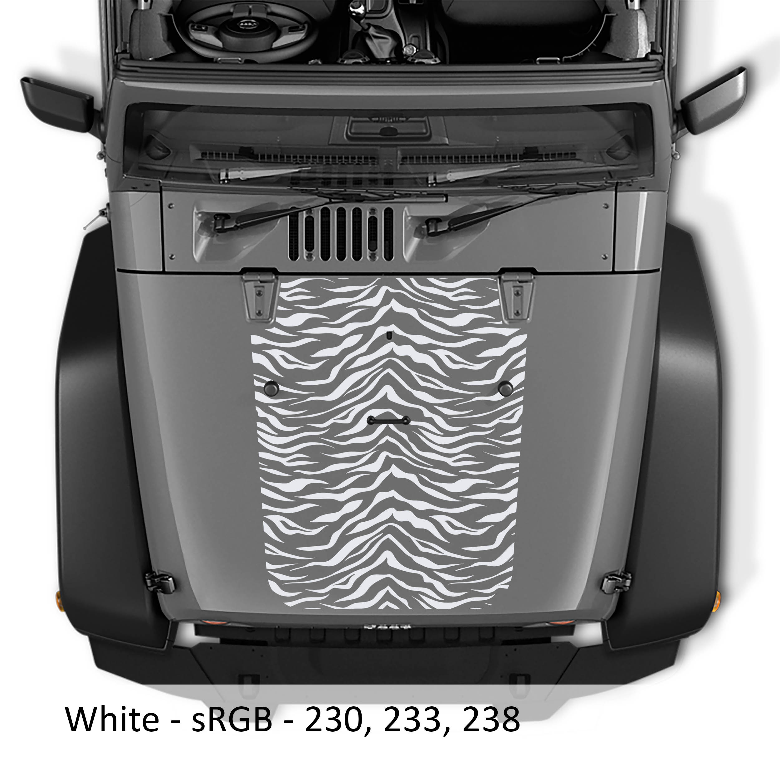 White tiger print blackout hood decal mounted on silver Jeep Wrangler JK/JKU 2007-2017 hood