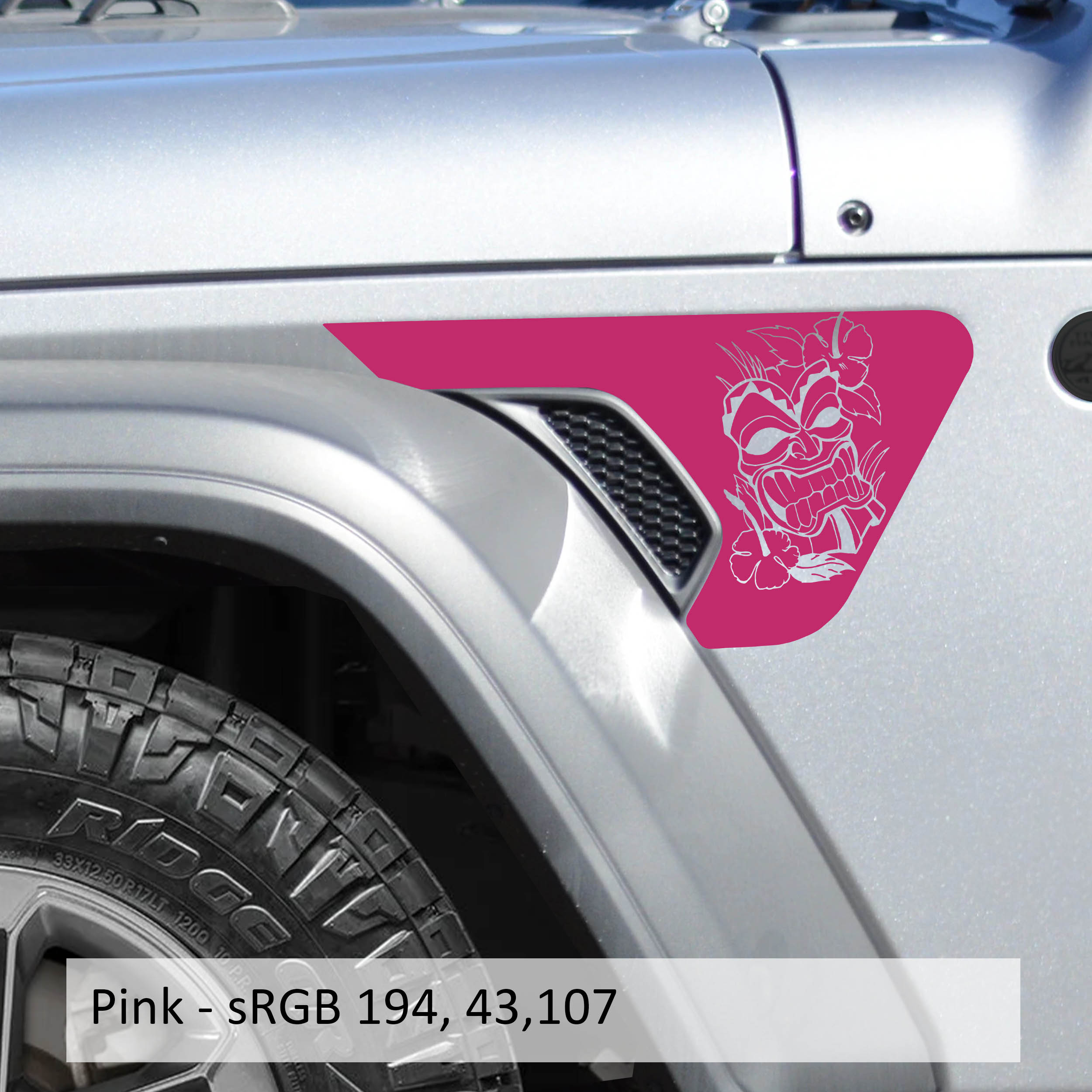 Pink Tiki Island Mask Jeep fender vent transfer decal applied to billet vent insert close-up view