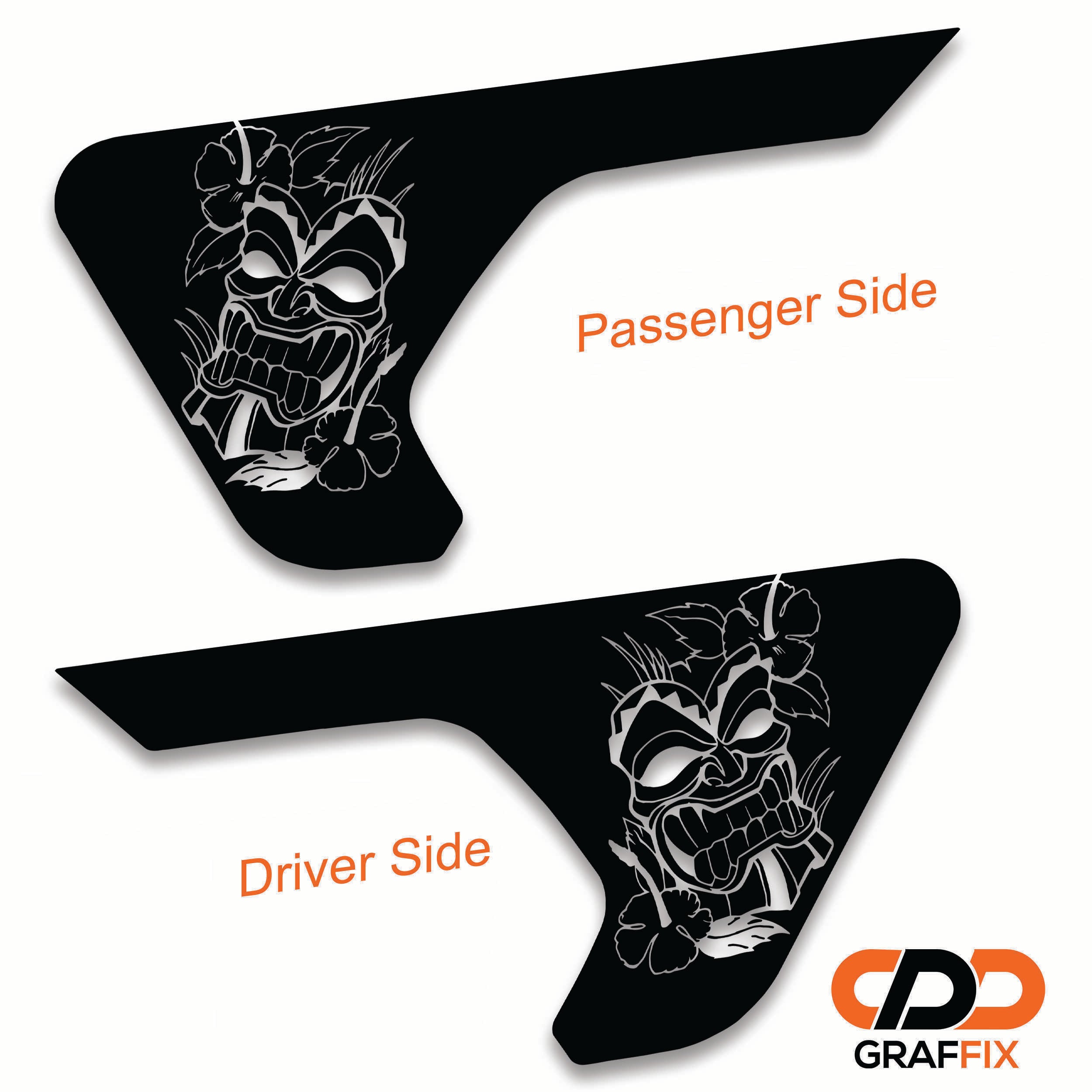 Tiki Island Mask Jeep Wrangler fender vent transfer decal applied to billet vent insert at angle view