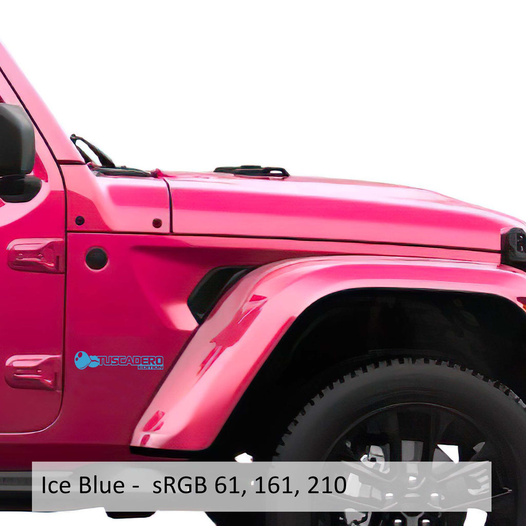 Ice blue Tuscadero Bubblegum Edition fender vinyl decal pair with bubble gum graphic shown