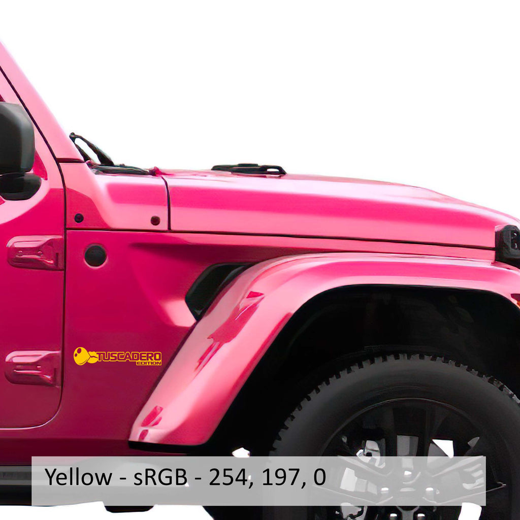 Yellow Tuscadero Bubblegum Edition fender vinyl decal pair with bubble gum graphic shown