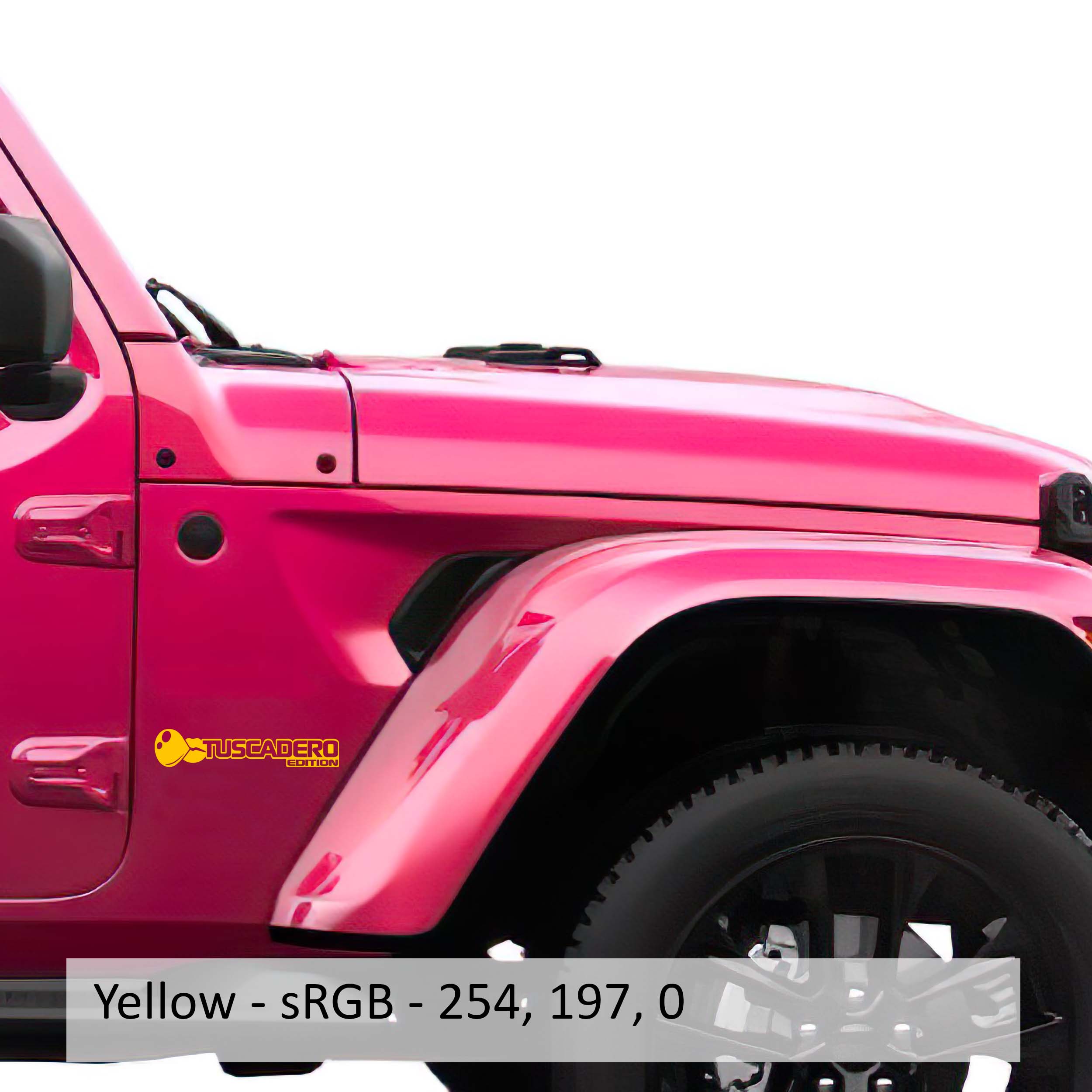 Yellow Tuscadero Bubblegum Edition fender vinyl decal pair with bubble gum graphic shown