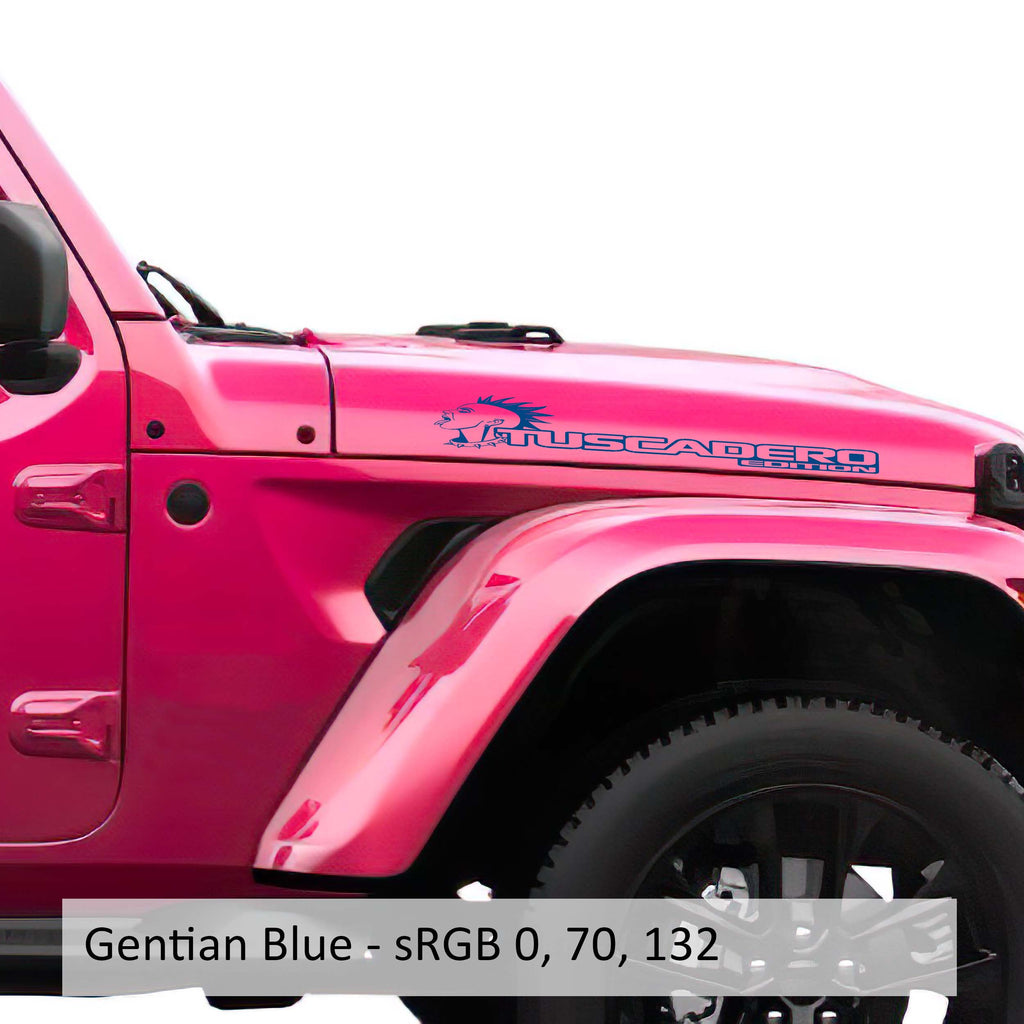 Gentian blue Tuscadero Rocker Edition hood vinyl decal pair with mohawk punk face graphic
