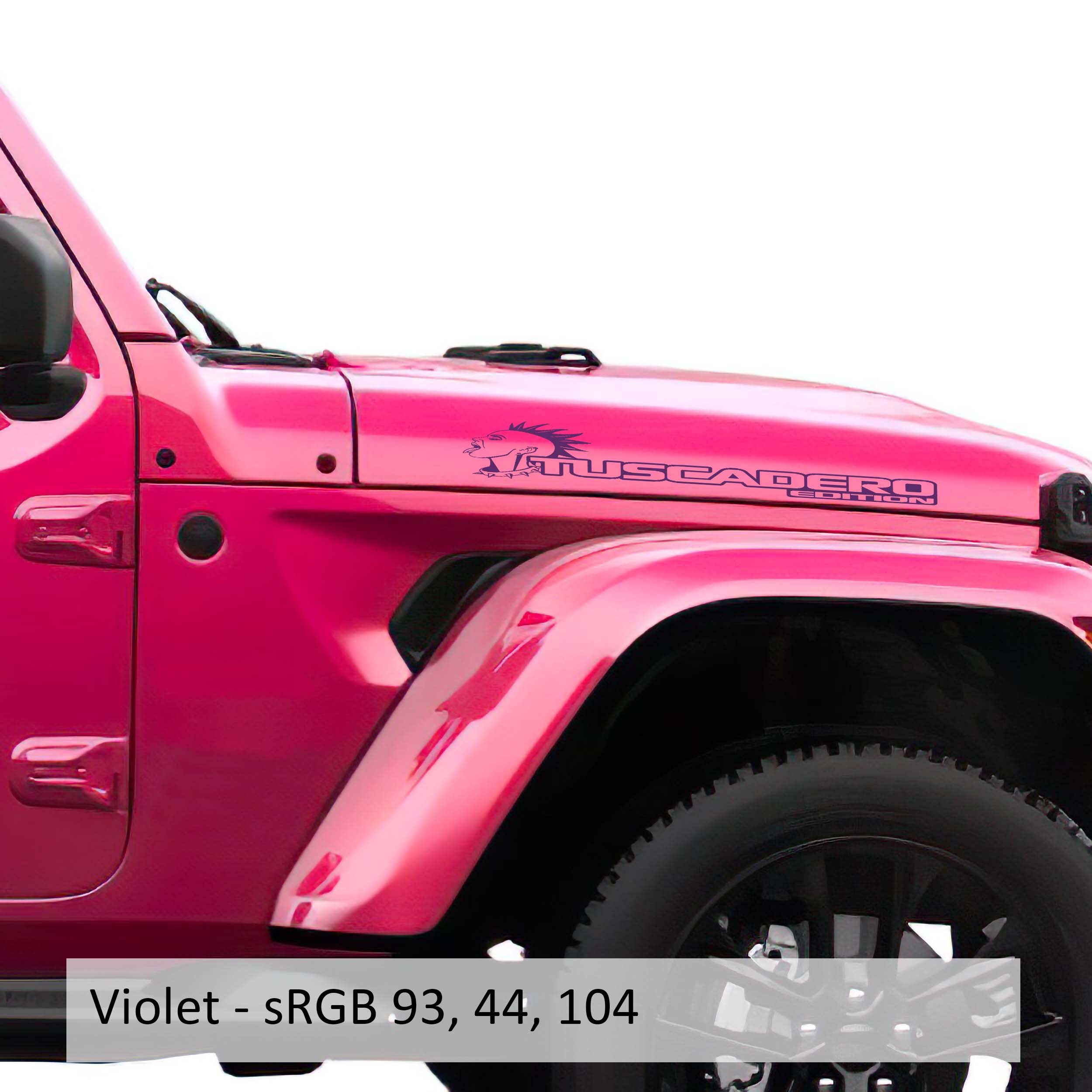 Violet Tuscadero Rocker Edition hood vinyl decal set pair with mohawk punk face graphic shown