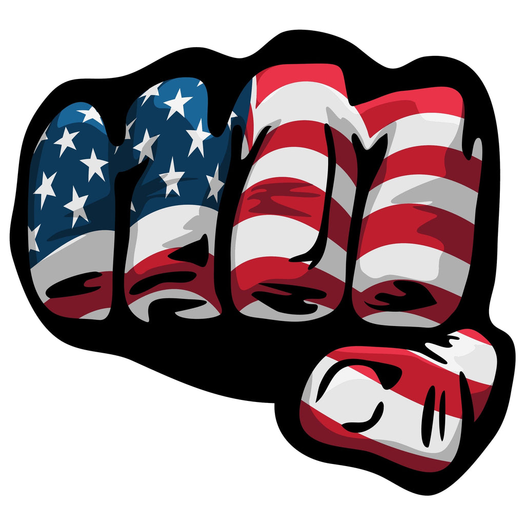 Bold clenched USA fist sticker showing blue star knuckles and red-white stripe fingers in bold black outline