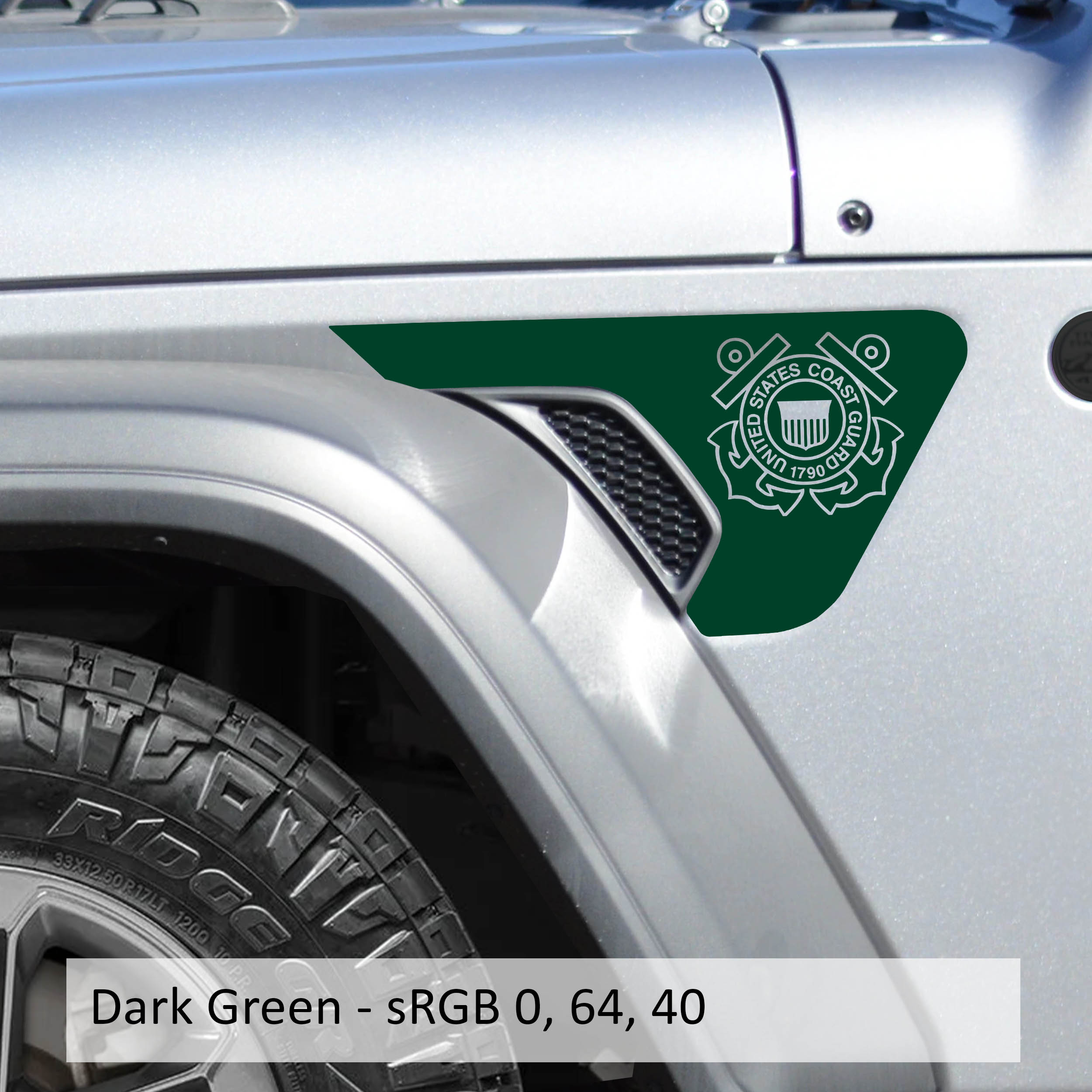 Dark green US Coast Guard emblem vinyl decal applied to Jeep JL JT billet fender vent closeup