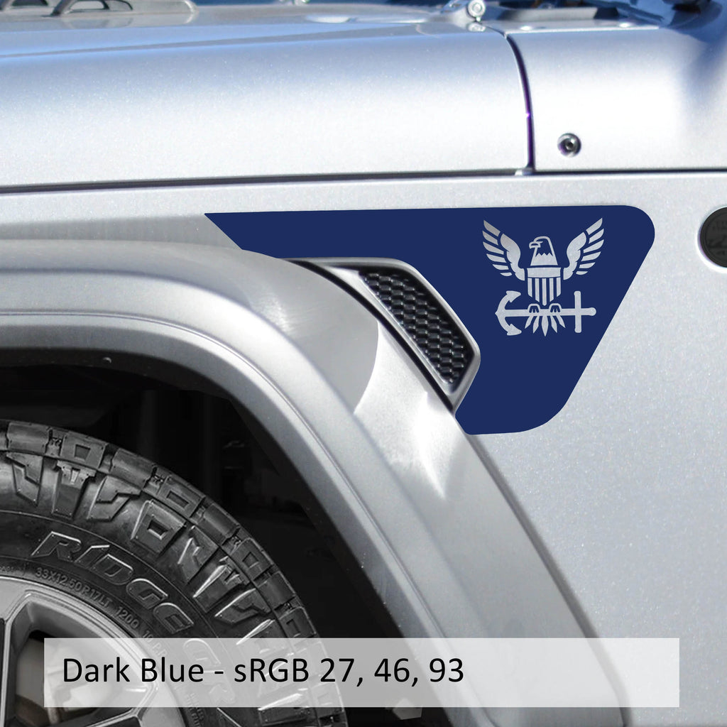 Dark blue US Navy eagle anchor billet vent decal on Jeep Wrangler JL Gladiator JT 2018+ fender