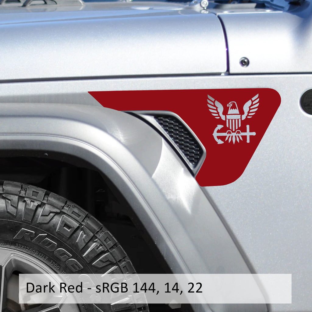 Dark red US Navy eagle anchor billet vent decal mounted on Jeep Wrangler JL Gladiator JT 2018+