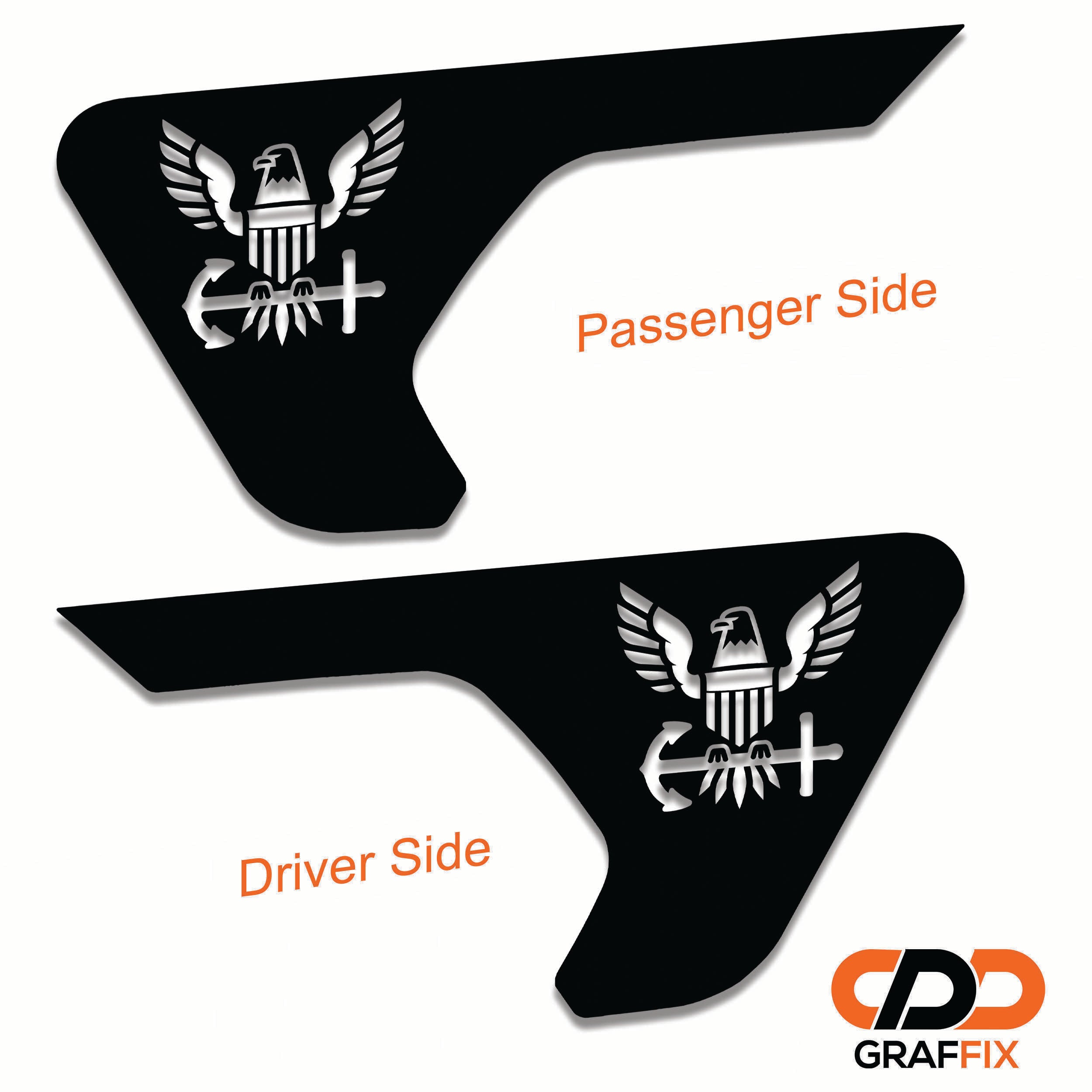 Gray US Navy eagle anchor billet fender vent decal kit shown on light surface for Wrangler JL JT