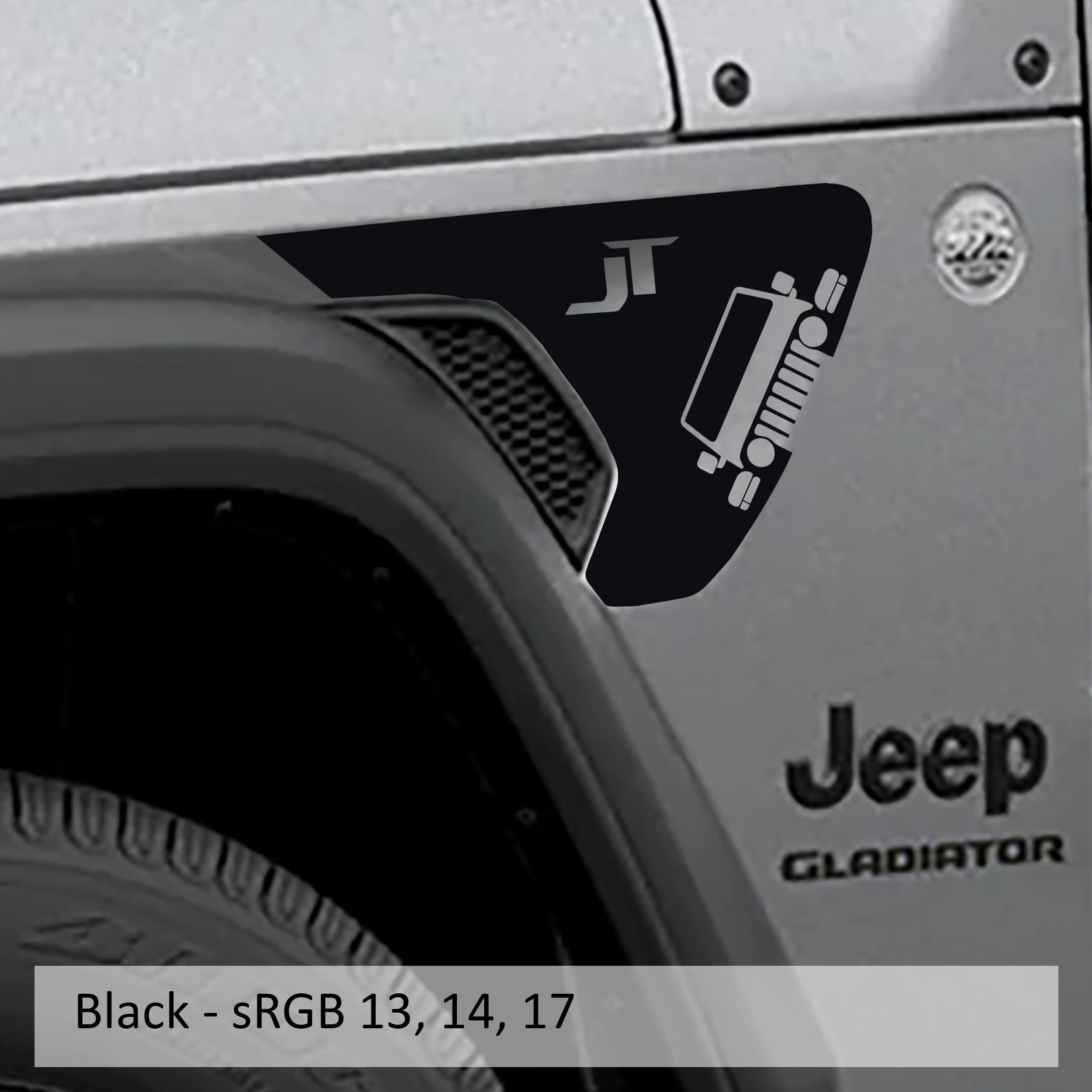 Black Gladiator JT lettering fender vent vinyl transfer decal swatch for JL and JT