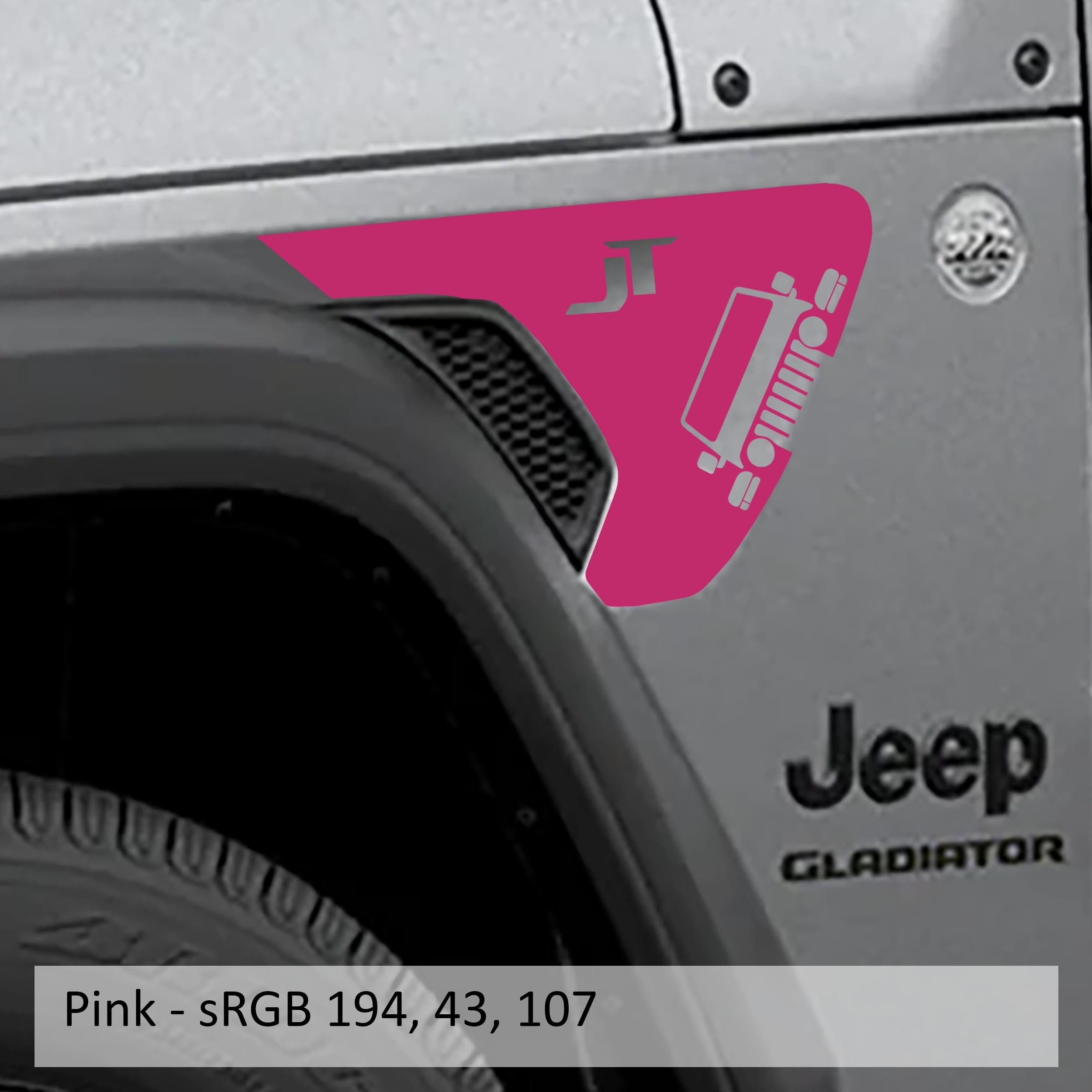 Pink Gladiator JT lettering fender vent vinyl transfer decal swatch for JL and JT