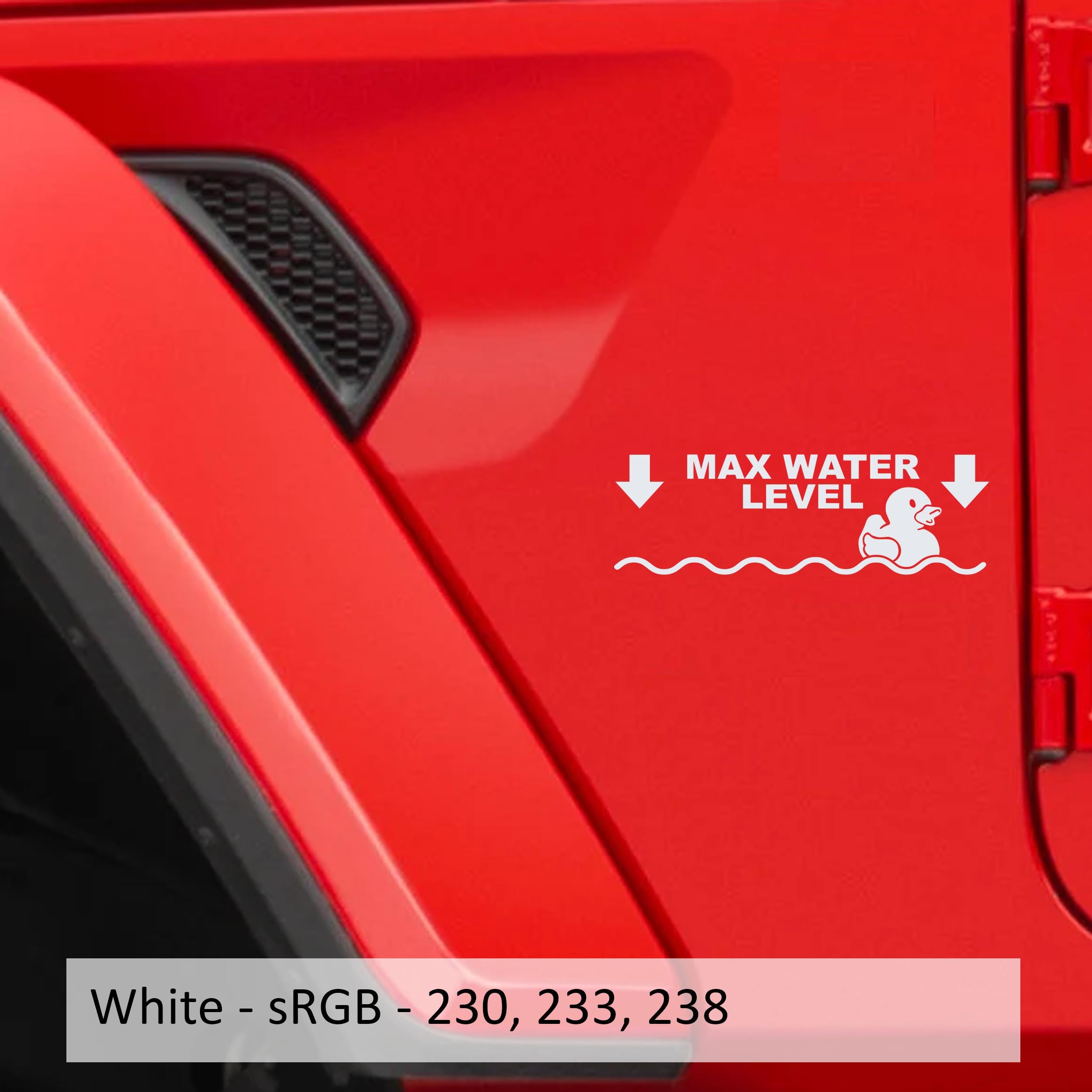 White Max Water Level rubber duck waterline decal color swatch for Wrangler JL fender