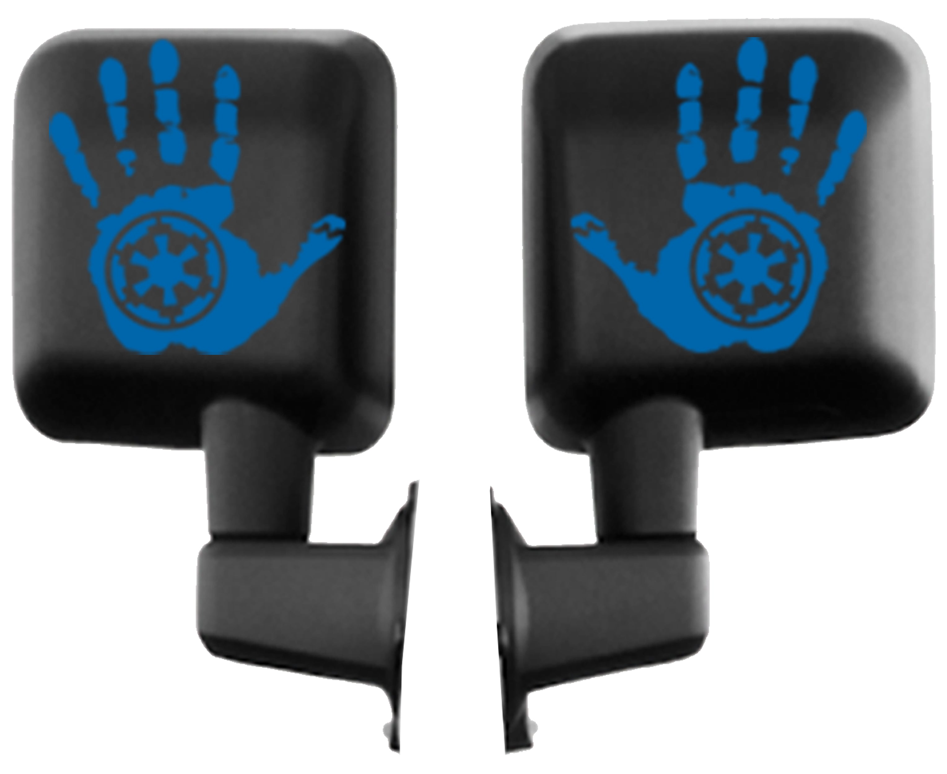 Mirrored pair of azure blue Imperial Signet wave hand vinyl transfer decals shown on white background
