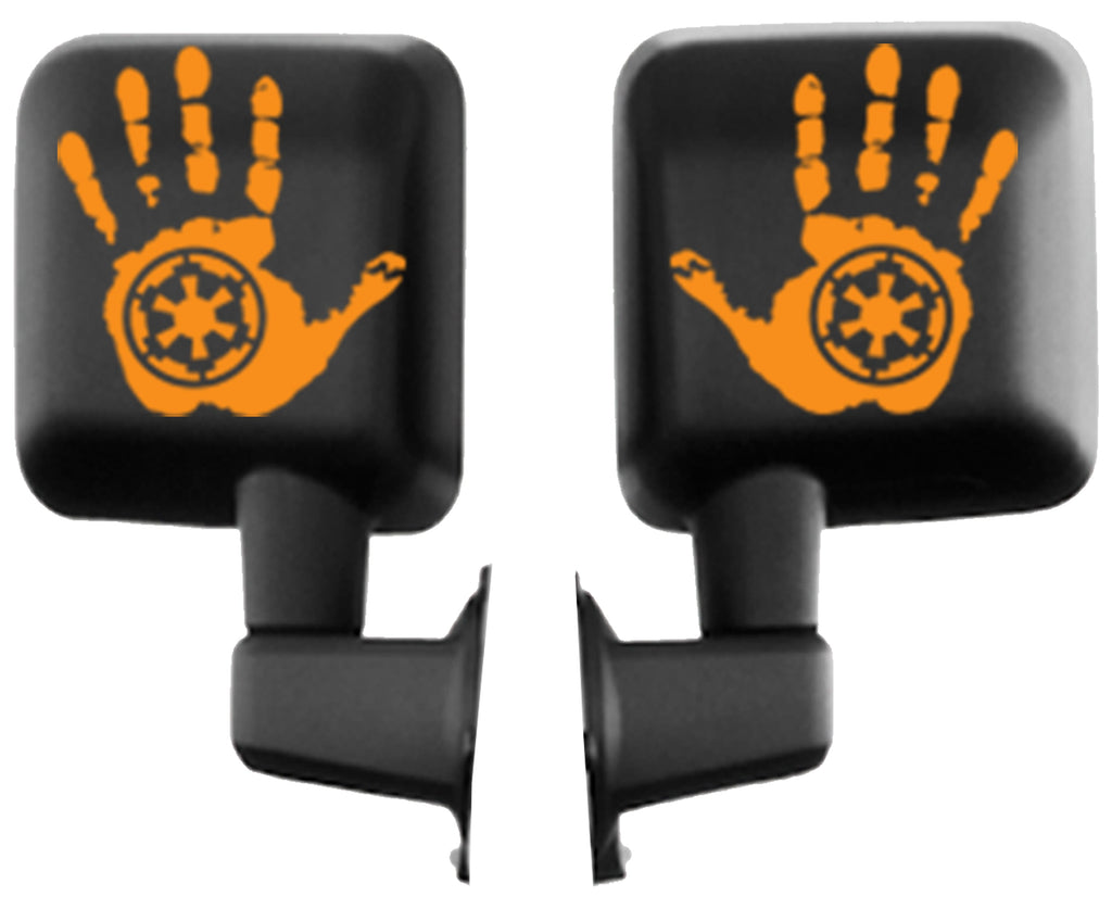 Mirrored pair of orange Imperial Signet wave hand vinyl transfer decals shown on white background