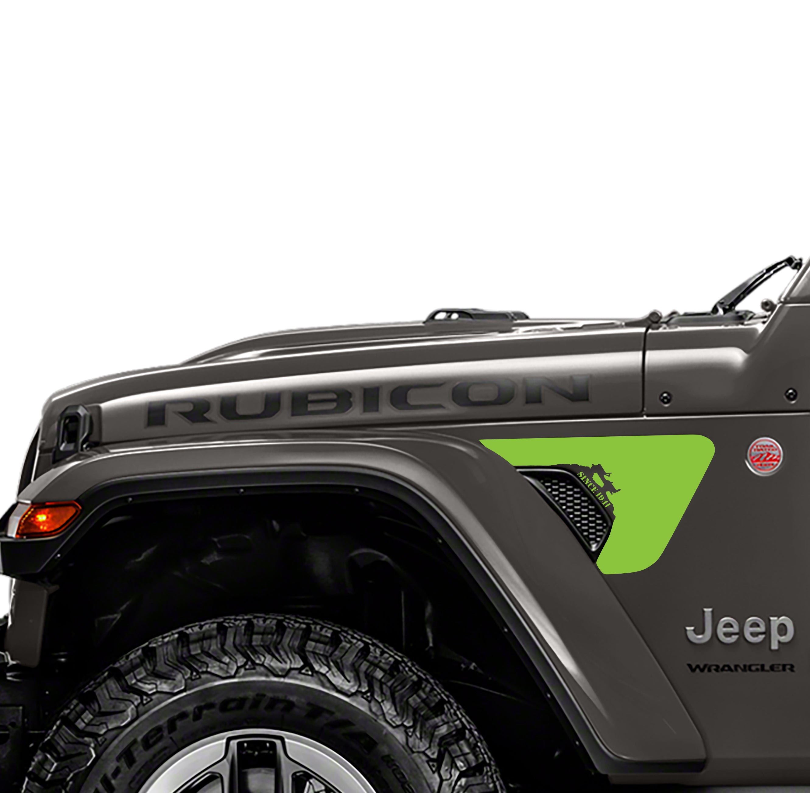 Lime green Willys 1941 decal shown on Jeep Wrangler JL factory billet style fender vent