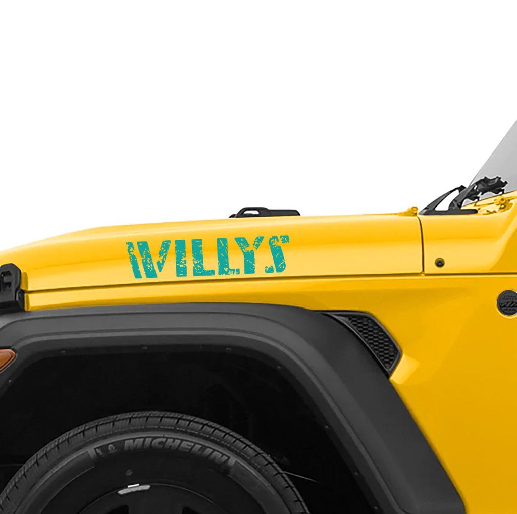 Distressed Willys Hood Lettering Waterproof Vinyl Decal x2 (Pair)